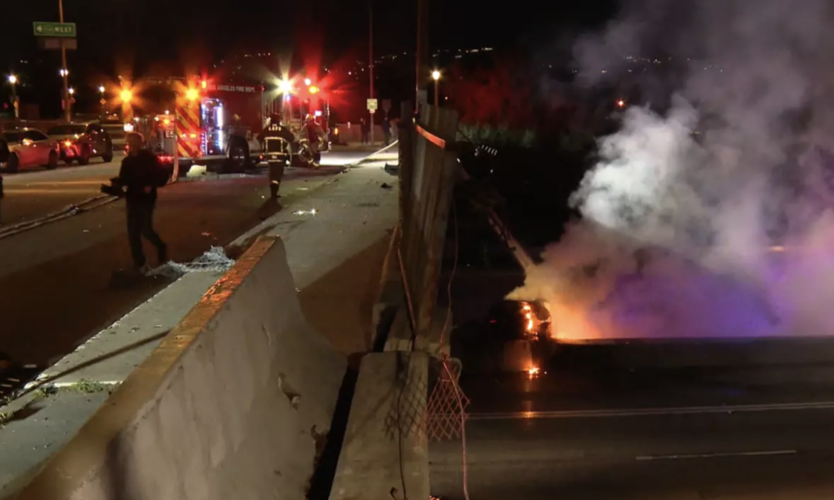 Tesla Plunges from Los Feliz Overpass, Two Injured in Fiery Crash